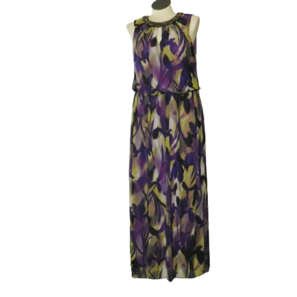 London Times $125 Woman Purple Floral Blouson Beaded Collar Maxi Dress 14W NWT!